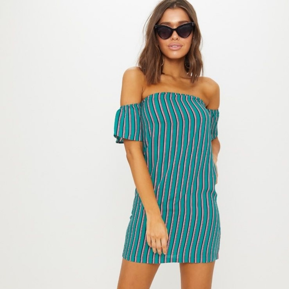 PRETTY LITTLE THING Green Bardot Smock Dress 0